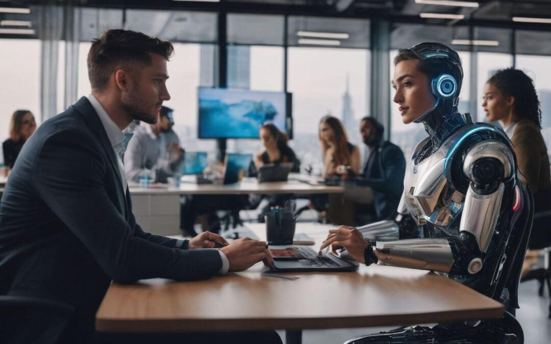 human and chatbot at desk